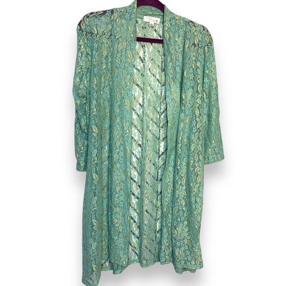 Eve & Maddie Cardigan Sweater Women's Large Turquoise Blue Gold Lace Boho Casual - Picture 13 of 15